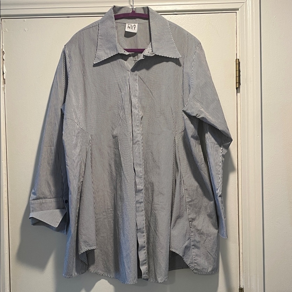 Planet by Lauren G Black White Smock Striped Button Down Asymmetrical Shirt